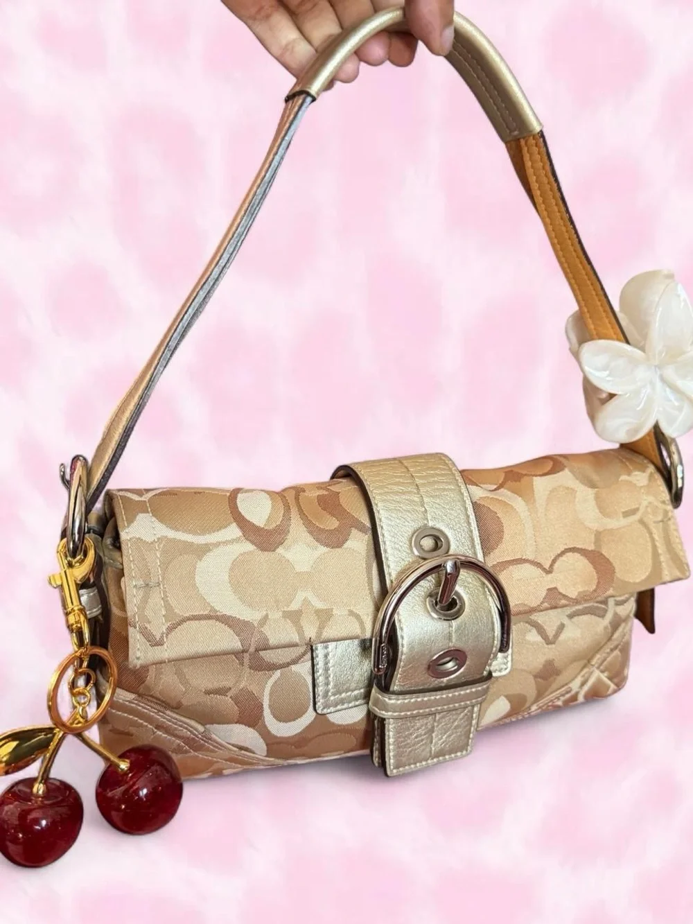 Coach Gold & Beige Signature Jacquard Shoulder Bag